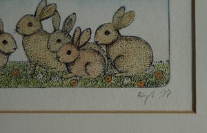 Birgit Krabiell - Ingelijste kleurenets , Konijntjes – 1987 kopen? Bied vanaf 1!