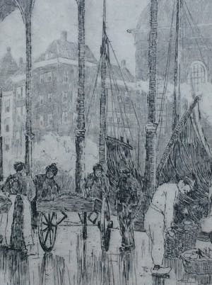 Chris Snijders - 1881-1943 Ets Vismarkt en Luthersekerk te Rotterdam kopen? Bied vanaf 45!