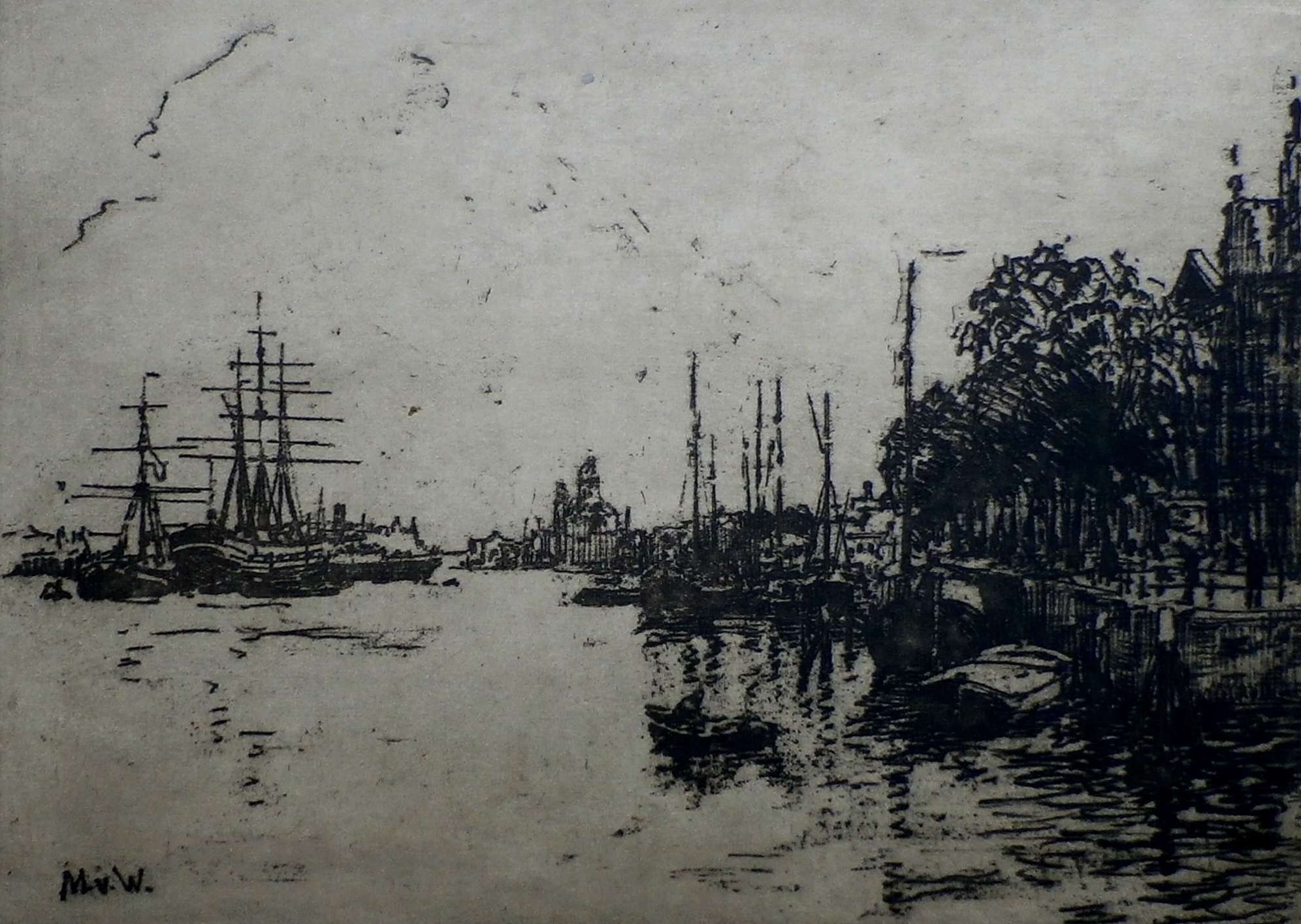 Martin van Waning - ets - Bootjes in Rotterdam verkocht voor € 55!