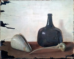Remmet Ouwejan - Schelp, vogelschedel en fles - olieverf op paneel kopen? Bied vanaf 1!