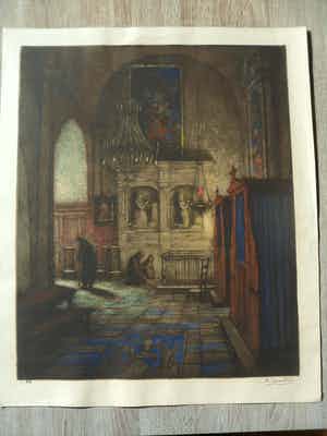 Albert Geudens - Kleurenets "Kerkinterieur', verkocht voor € 35!