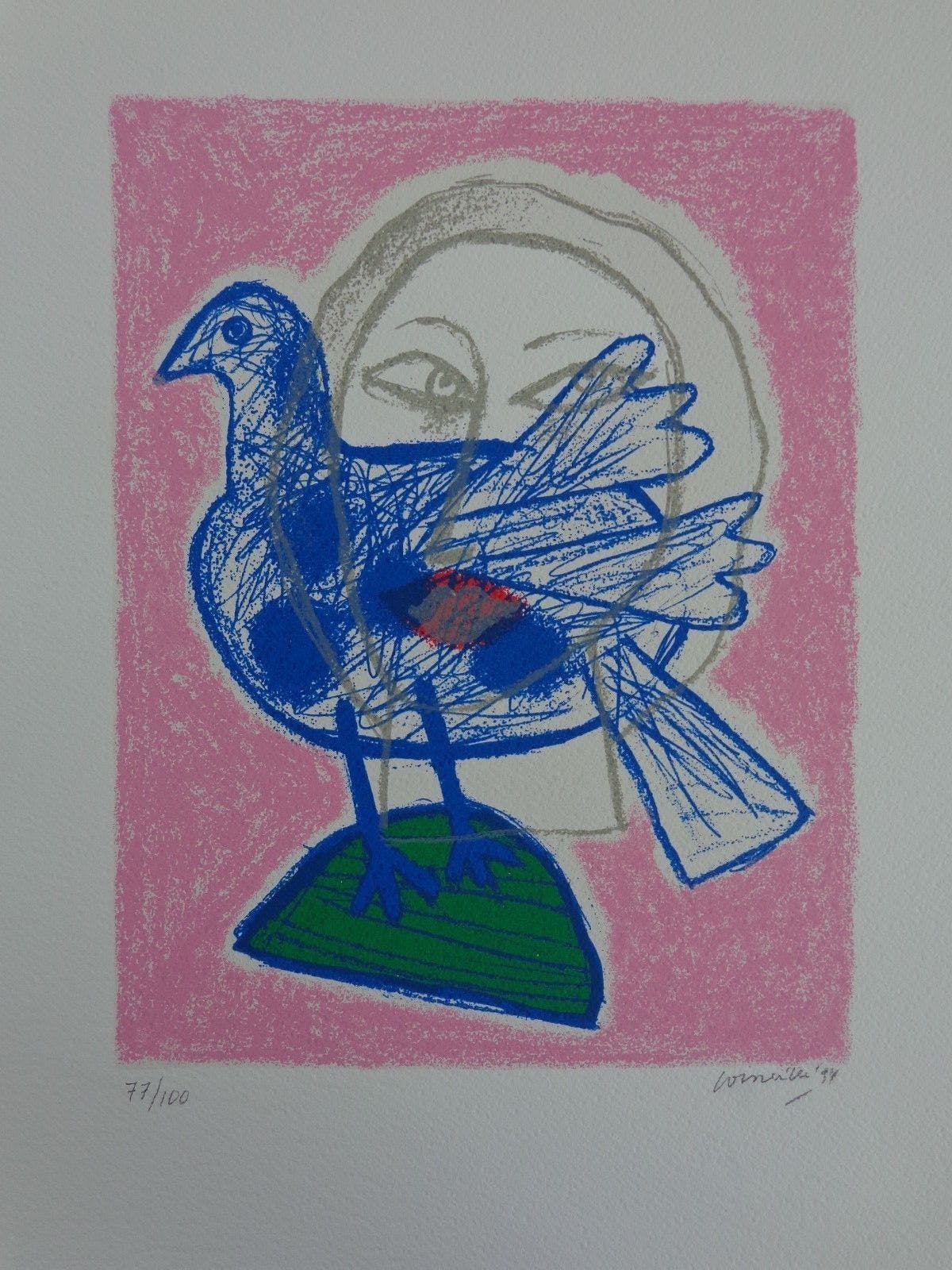 Corneille - BLAUWE VOGEL & VROUW / KLEURLITHO / 47x37cm / SIG / 1994 verkocht voor € 105!