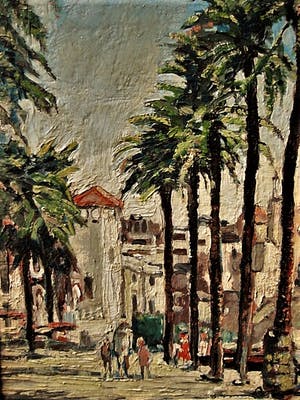 Niet of onleesbaar gesigneerd - omstreeks 1950 geschilderd olieverf "Flaneren boulevard Sitges bij Barcelona" kopen? Bied vanaf 10!
