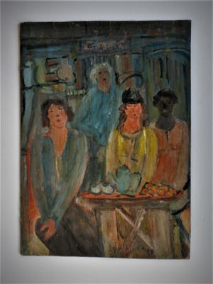 Niet of onleesbaar gesigneerd - Braziliaans (Rio) olieverf op paneel "Dames in een Cafe" gesigneerd kopen? Bied vanaf 10!