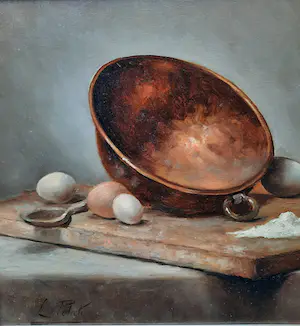 Niet of onleesbaar gesigneerd - L.Polak stilleven met ketel en eieren kopen? Bied vanaf 1!