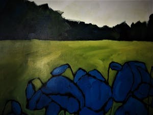 Jocke Overwater - GROOT! Acrylverf op doek "Blauwe Klaprozen in weids Landschap" gesigneerd kopen? Bied vanaf 10!