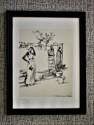 Karel van Seben - Mooie scherpe Inkttekening "Afrika - vrouwen in dorp" gesigneerd kopen? Bied vanaf 29!