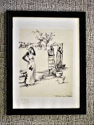 Karel van Seben - Mooie scherpe Inkttekening "Afrika - vrouwen in dorp" gesigneerd verkocht voor € 29!
