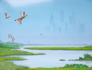 Ari Stolk - Invallende eenden met stads-skyline kopen? Bied vanaf 375!