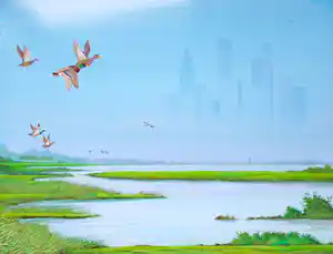 Ari Stolk - Invallende eenden met stads-skyline verkocht voor € 375!