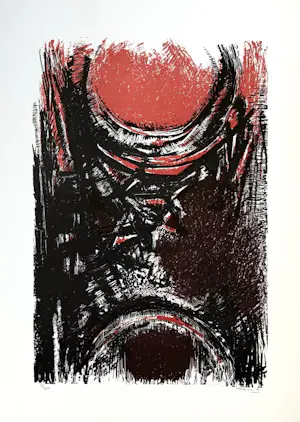 AcheterMaurice Haccuria - Abstrakte Komposition in Rot und Schwarz aus dem Jahr 1971? Enchérissez de 60!