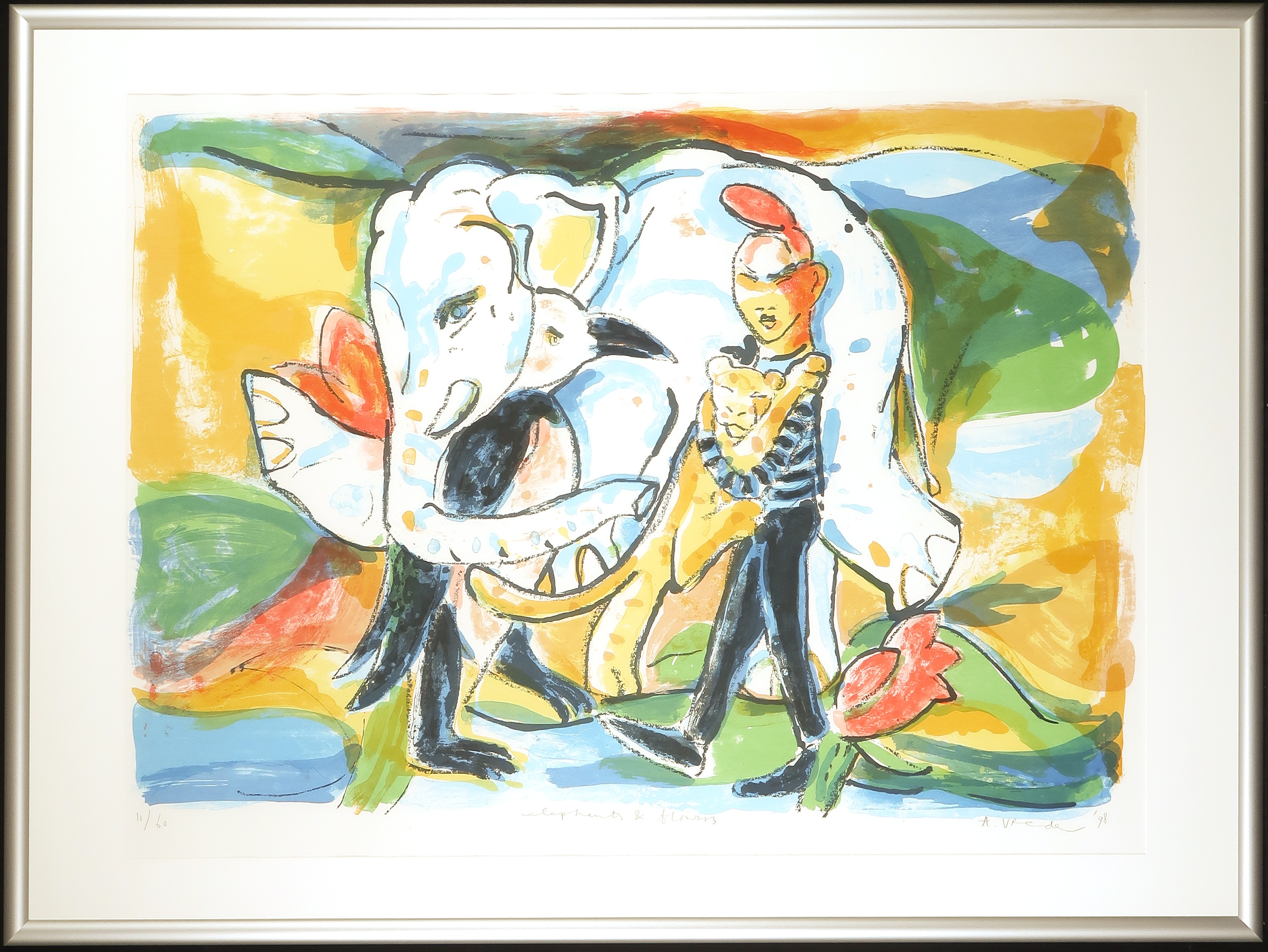 Anton Vrede - Zeefdruk, Elephants en flowers - Ingelijst (Groot) kopen? Bied vanaf 35!