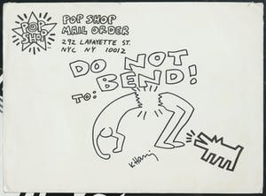 Keith Haring - Tekening in viltstift op enveloppe, Pop Shop - Ingelijst kopen? Bied vanaf 1!