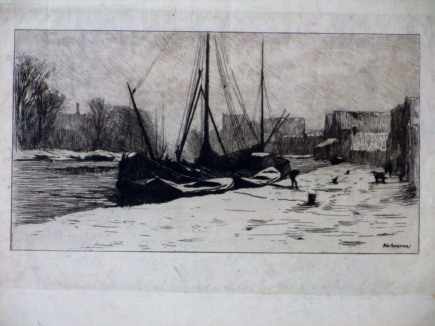 Anton L. Koster - Schepen aan kade Spaarne Haarlem - Ets verkocht voor € 1!