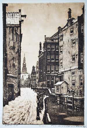 Cornelis Brandenburg - Ets - Amsterdam, de Zeedijk in de Winter verkocht voor € 75!