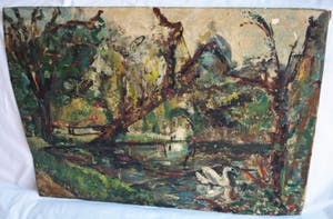 Niet of onleesbaar gesigneerd - Olieverf op doek , “Landschap met zwaan” kopen? Bied vanaf 1!