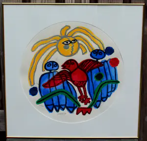 Corneille - Ingelijste zeefdruk: l'Oiseau rouge et soleil- 1990(groot werk!) kopen? Bied vanaf 295!