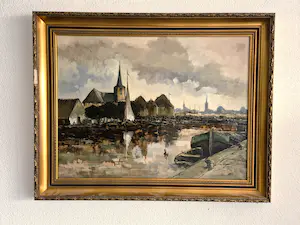 Niet of onleesbaar gesigneerd - Groot olieverf op doek "afgemeerde boten in haven" gesigneerd kopen? Bied vanaf 1!