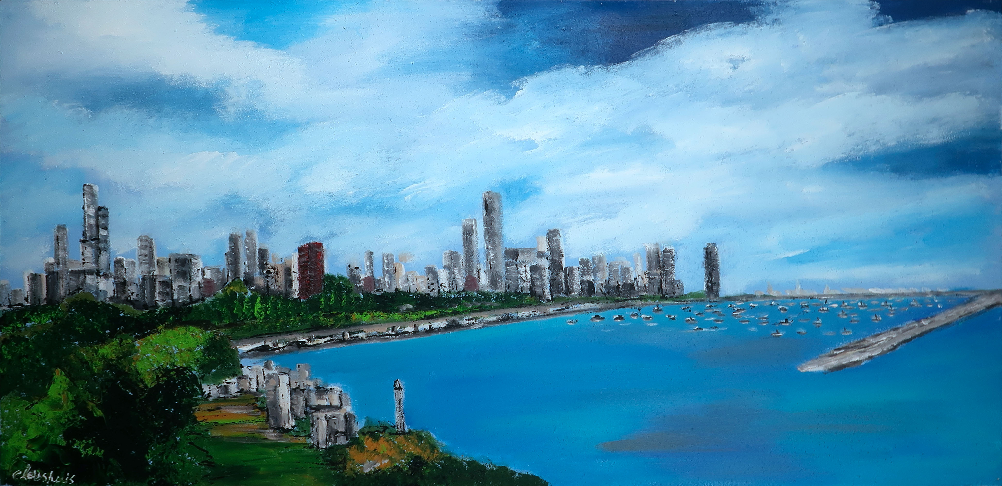 Niet of onleesbaar gesigneerd - Acryl op doek, Chicago Skyline (Groot) kopen? Bied vanaf 1!