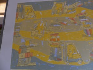 Heleen de Jong - Zeefdruk. Titel, "Race van de heftrucks". kopen? Bied vanaf 20!