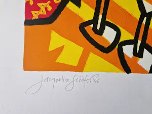 Jacqueline Schäfer - mooie grote kleuren zeefdruk - tafel met glazen en plant - 1996 - gelimt. oplage kopen? Bied vanaf 38!