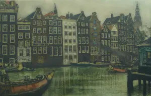 Cornelis Brandenburg - Kleurenets, Damrak Amsterdam – Lijst, 63 x 83 cm. kopen? Bied vanaf 1!