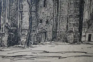 Johan Hemkes - Oldehove Leeuwarden - ets (1932) - mooi ingelijst kopen? Bied vanaf 50!