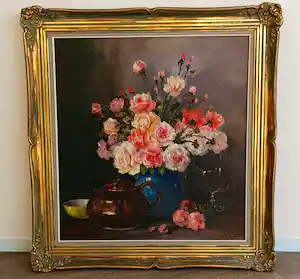 Henri Joseph Pauwels - Rode en roze rozen in een blauw gelazuurde pot verkauft für € 200!