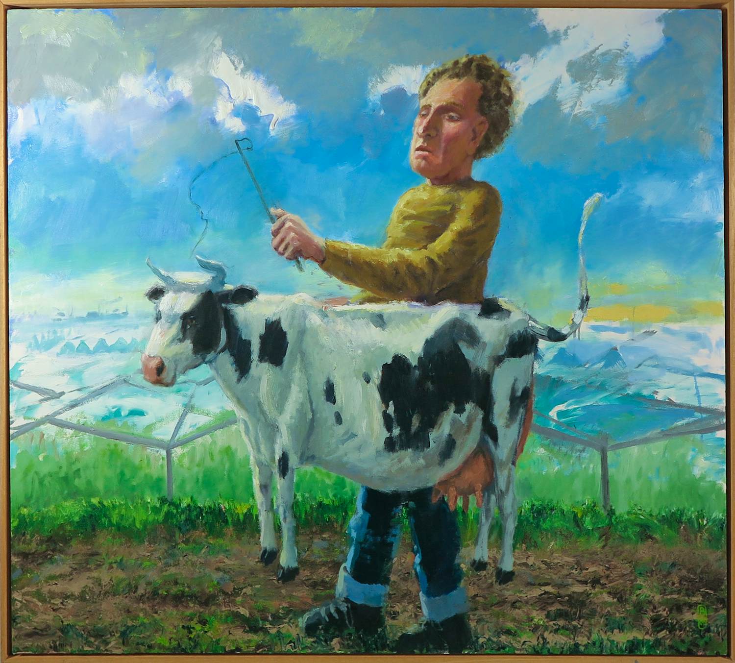 Buy Hans Bogaarts - Olieverf op hardboard, Man met zwevende koe - Ingelijst? Bid from 150!