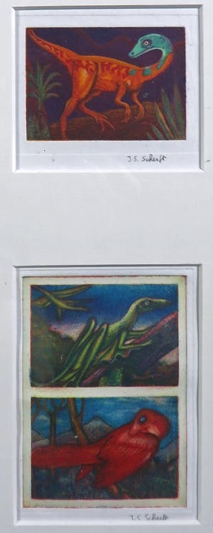 Johannes Simon Scherft - Aquatint, 3 soorten Dinosauriërs - Twee losse werken ingelijst kopen? Bied vanaf 20!