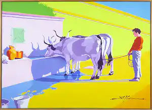 Marco Kooiman - Acryl op doek, Boy and thirsty oxen - Ingelijst (Groot) vendu pour 300€ !