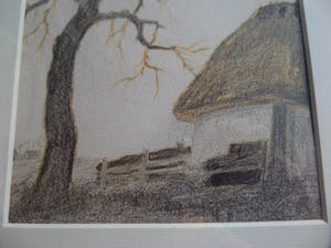 Dirk Baksteen - HOEVE MET BOOM GEKLEURDE ORIGINELE POTLOODTEKENING kopen? Bied vanaf 55!