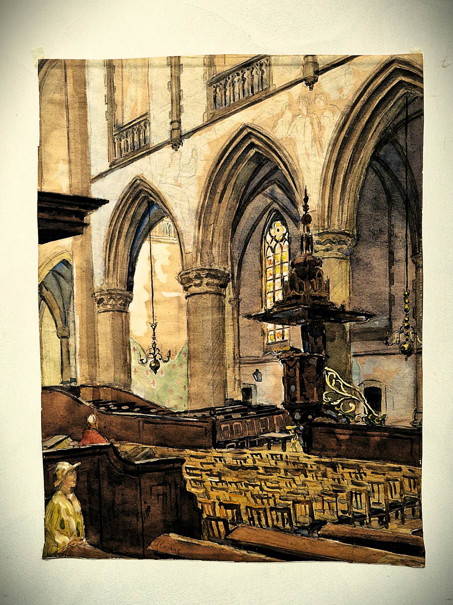Ko Cossaar - Jaren 30 aquarel op papier "Interieur kerk met personen' - losbladig kopen? Bied vanaf 67!