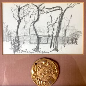Staf Van Elzen - Landschap met medaille - Tekening, Ingelijst kopen? Bied vanaf 35!