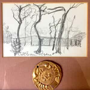 Staf Van Elzen - Landschap met medaille - Tekening, Ingelijst verkocht voor € 35!