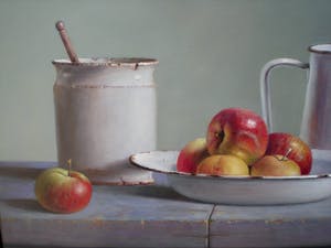 Hans Habraken - Stilleven Oude kan potje en schaal appels kopen? Bied vanaf 695!