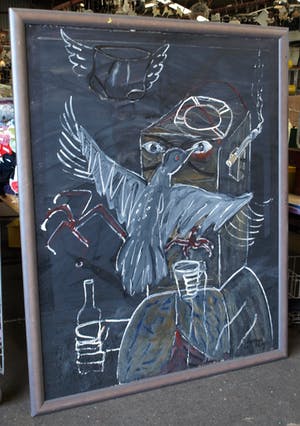 Hannes van Es - Zeer groot ingelijst schilderij (162 x 130 cm), “Zwarte vogel” – 1984 kopen? Bied vanaf 300!