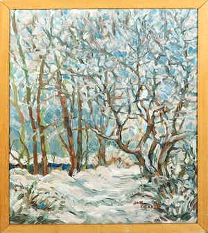 Jan Dekker - Olieverf op Hardboard, Winterbos, Ingelijst verkocht voor € 1!