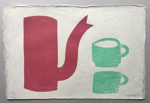 Klaas Gubbels - grote houtdruk 'Rode kan met groene kopjes ’ - 2003 - oplage 55 kopen? Bied vanaf 425!