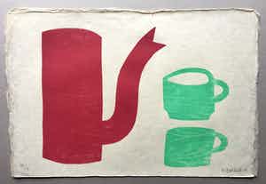 Klaas Gubbels - grote houtdruk 'Rode kan met groene kopjes ’ - 2003 - oplage 55 verkocht voor € 425!