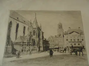 Waalko Jans Dingemans (sr.) - Ets. Een stadsplein in Zwolle met boerensjees . kopen? Bied vanaf 30!