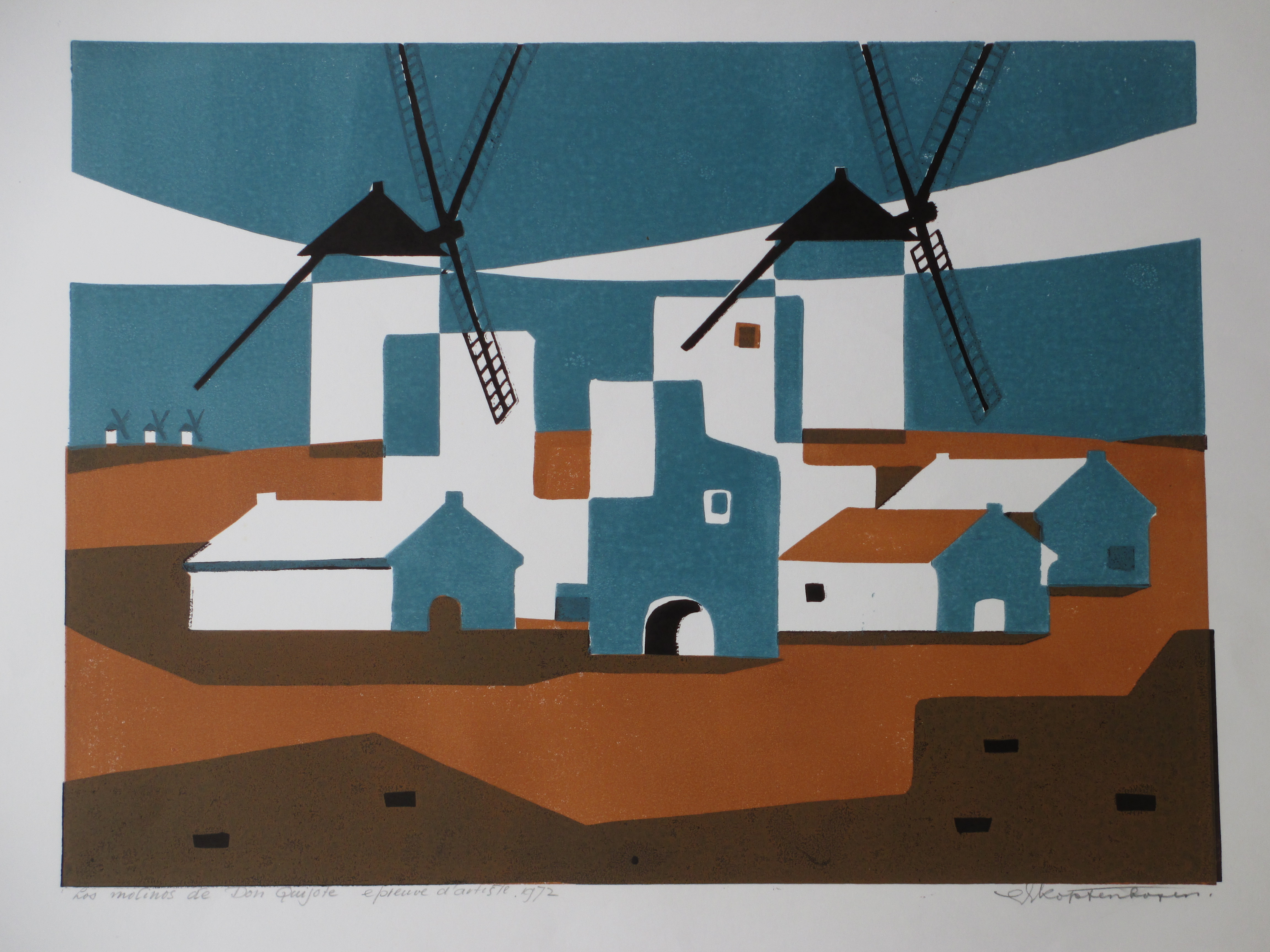 Gijsbert Jan van Koppenhagen - Los molinos de Don Quijote - Kleurenhoutsnede verkocht voor € 45!