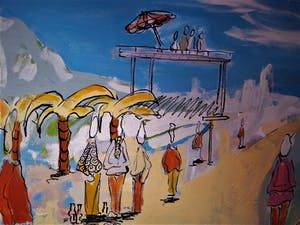 Niet of onleesbaar gesigneerd - Vrolijk modern Acryl/Doek schilderij "Strandgezicht" gesigneerd en GROOT!! kopen? Bied vanaf 1!