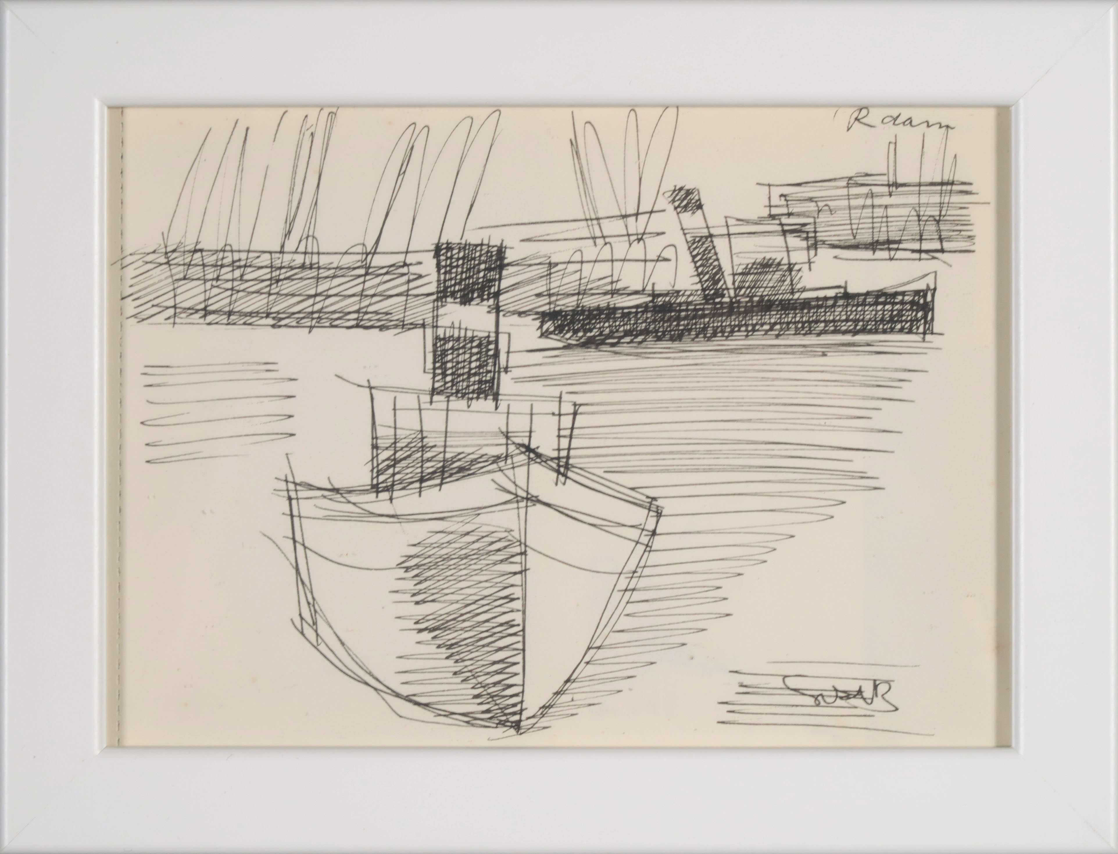 Siep van den Berg - Inkttekening, Boten in Rotterdam - Ingelijst verkocht voor € 70!