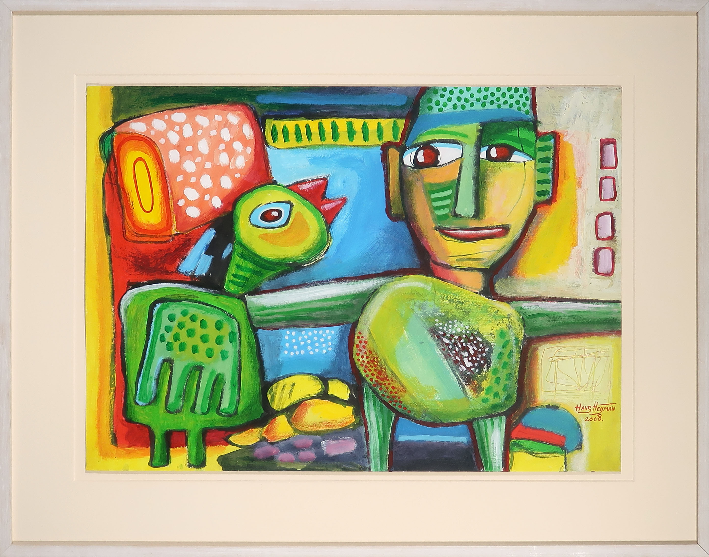 Hans Heijman - Acryl op papier, Zonder titel - Ingelijst verkocht voor € 50!