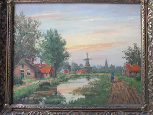 Julius Theodor Unger - dorpsgezicht met molen en kerktoren kopen? Bied vanaf 65!