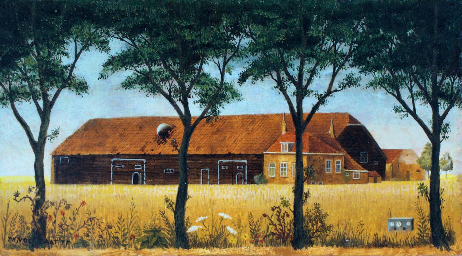 Theo Voorzaat - Olieverf op board: gezicht op de boerderij - 1977 kopen? Bied vanaf 1250!