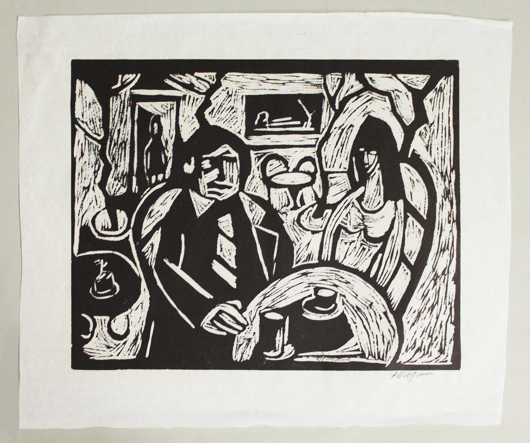 Piet Wiegman (II) - 2 linodrukken Piet Wiegman (Heemstede 1930 - 2005) - Cafe/Woonwagen kopen? Bied vanaf 15!