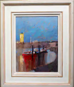 Terry McKivragan - Ingelijst, Acrylverf op paneel , Sun on Canary Wharf Tower verkauft für € 72!