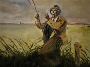 Niet of onleesbaar gesigneerd - Grote ca. 1930 geschilderde Gouache "Visser in polderlandschap" gesigneerd kopen? Bied vanaf 10!